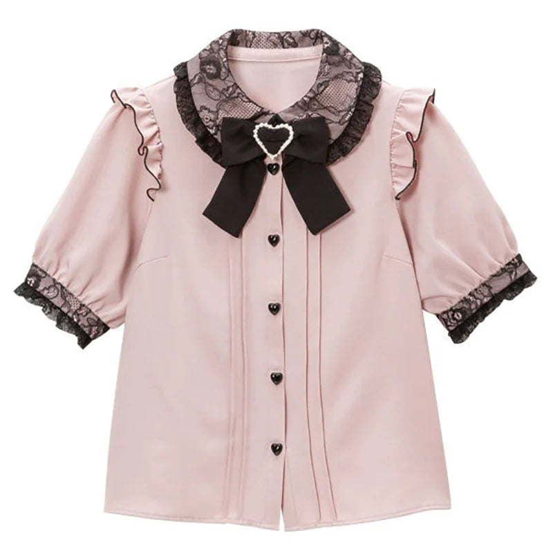 Kawaii Jirai Kei Lolita Y2K Japanese Style Peter Pan Collar Blouse Long Sleeve Sweet Bow Casual Aesthetic Top