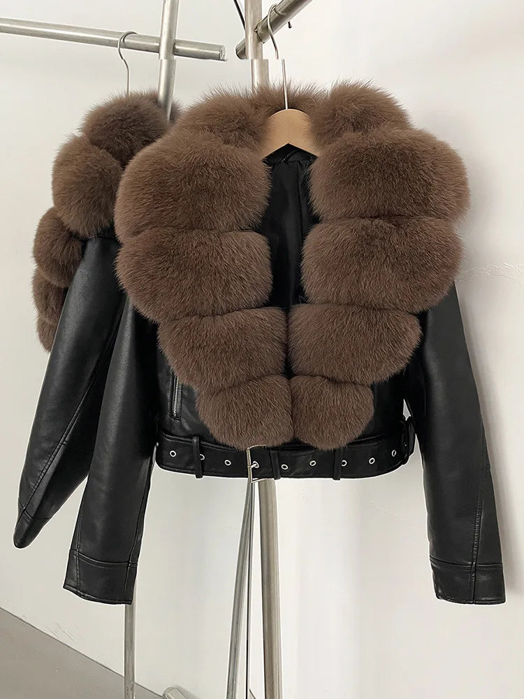 ZMEENNA Women's Faux Leather Moto Jacket with Detachable Faux Fur Collar - Short Warm Winter Coat