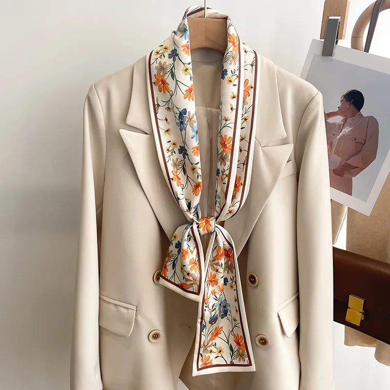 Women's Silk-Feel Printed Long Narrow Scarf 12 x 148 cm (4.7 x 58.3 in) - 50+ Colors | Headband & Shawl