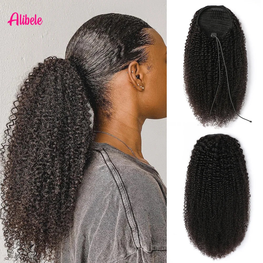 Alibele Afro Kinky Curly Clip-In Drawstring Ponytail Remy Mongolian Human Hair Extensions