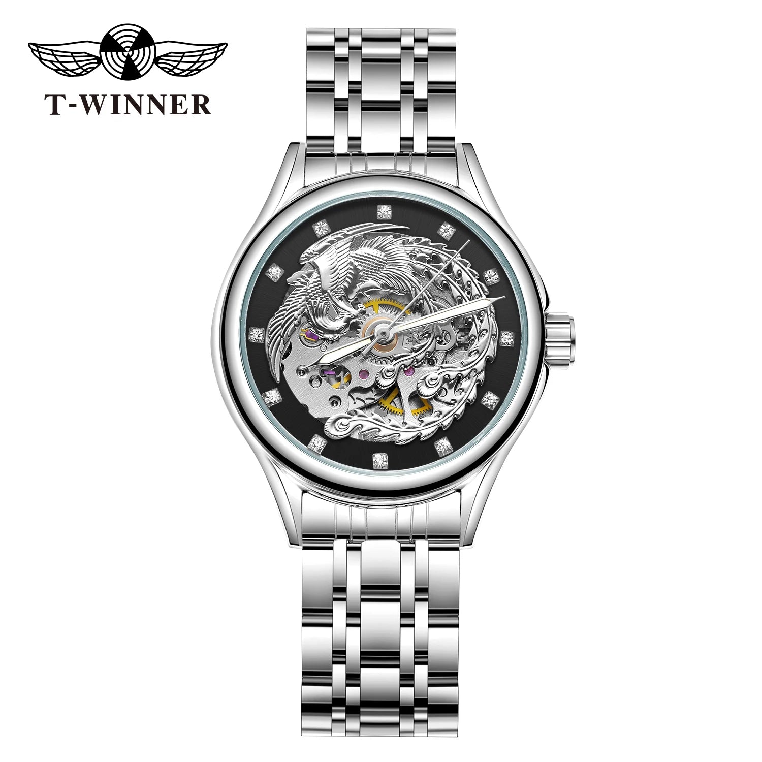 Golden Phoenix Skeleton Dial Automatic Women's Watch Stainless Steel Waterproof Luxury