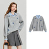 TOYOUTH Women Denim Floral Embroidered Faux Two-Piece Cotton-Blend Pullover Sweatshirt with Turn-Down Collar