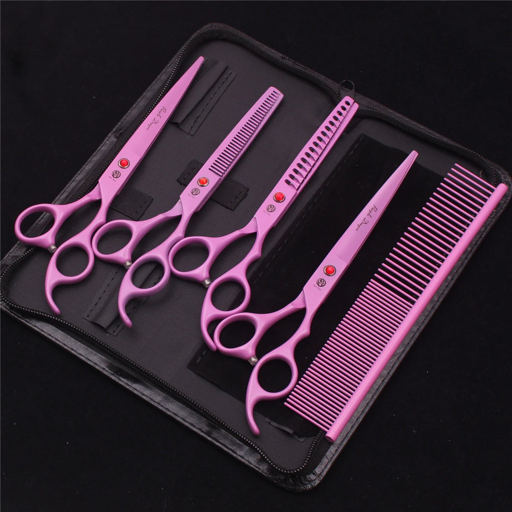 7-Inch (17.8 cm) Japanese 440C Pet Grooming Scissors Set — Straight 7 in, Curved 7 in, Thinning 6.5 in (16.5 cm) for Dog & Cat Grooming with Comb & Hemostatic Forceps