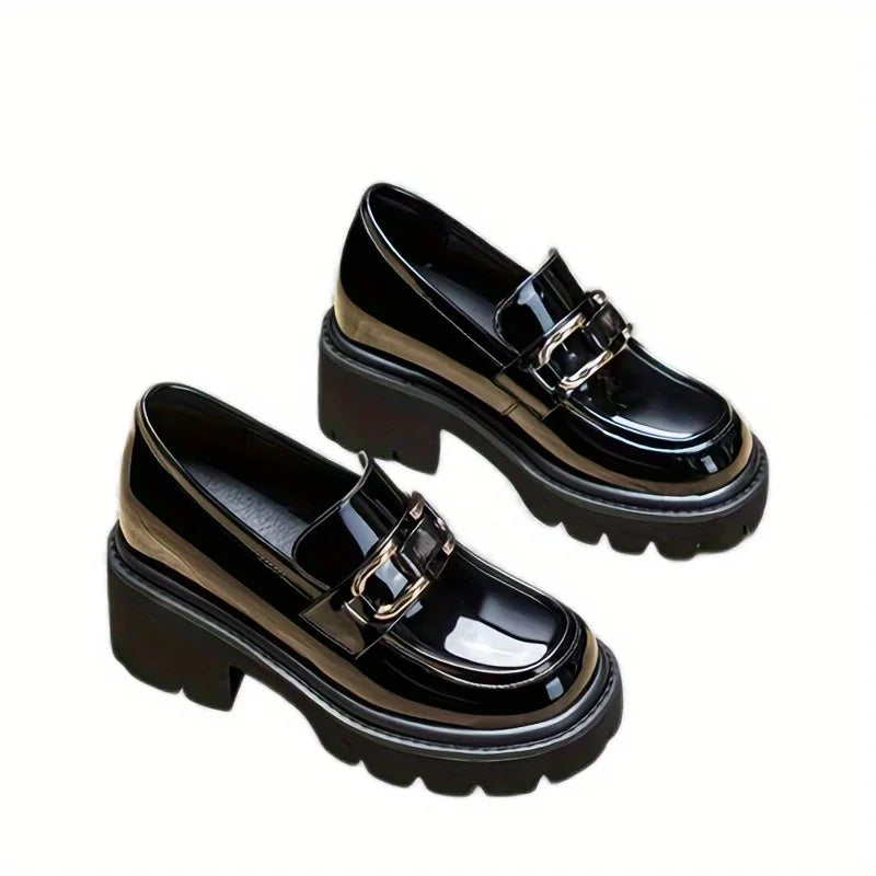 Women's Platform Mary Jane Pumps - Thick-Sole Height-Boost Heels with Metal Accent, Round Toe Square Heel (Spring/Autumn)