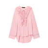 KONDALA Vintage Yellow Ruffle V-Neck Lace-Up Bow Tie Blouse Long Sleeve Casual Top