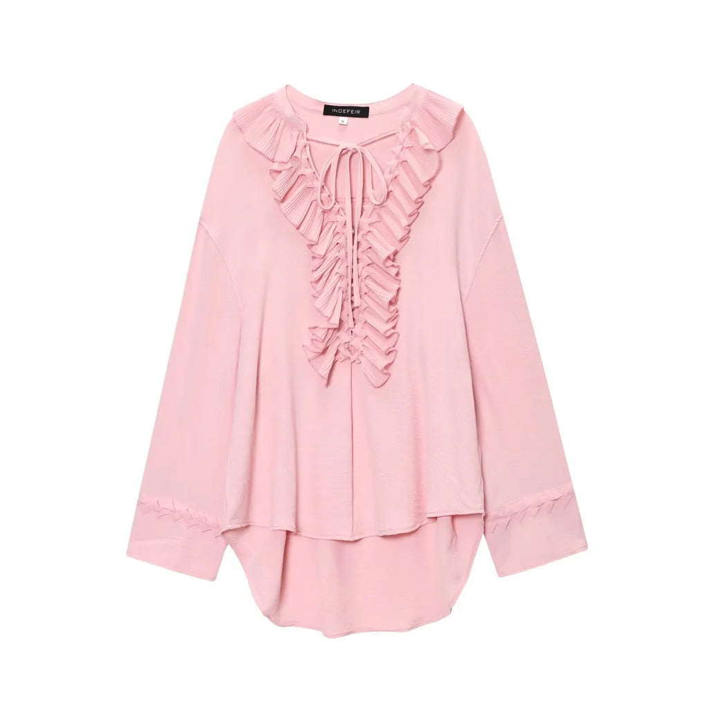 KONDALA Vintage Yellow Ruffle V-Neck Lace-Up Bow Tie Blouse Long Sleeve Casual Top