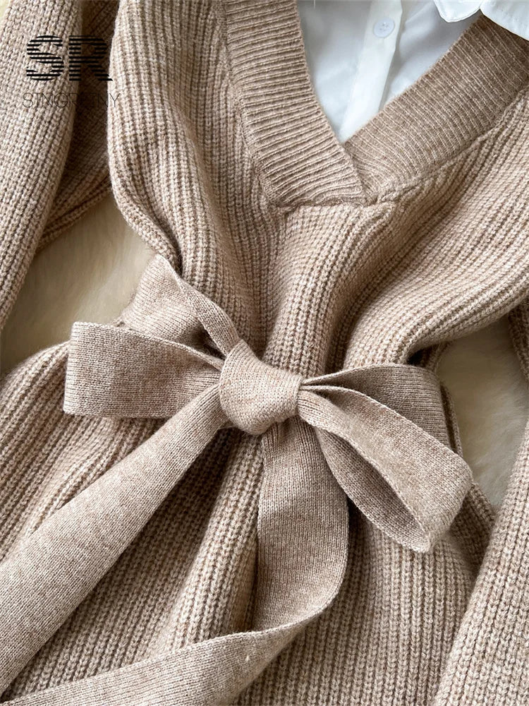 Women’s Knit Two-Piece Sweater Dress Set with Belt — Lapel Collar, Long Sleeve Knee-Length Patchwork for Office Autumn/Winter