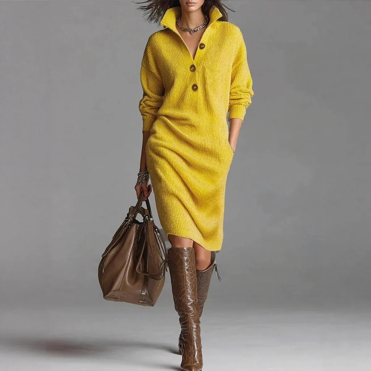 Women's V-Neck Button Lapel Knitted Sweater Dress — Knee-Length A-Line Casual (Spring/Autumn)