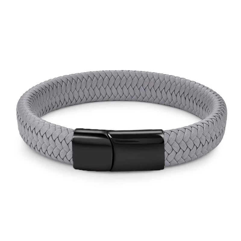 Men's White Braided Leather Bracelet with 316L Stainless Steel Double-Safety Magnetic Clasp — Sizes 18.5/20.5/22 cm (7.3/8.1/8.7 in)