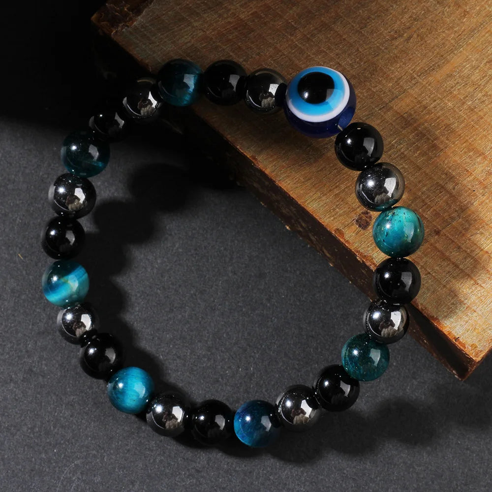 Triple Protection Bracelet - Blue Tiger's Eye & Black Obsidian Evil Eye Handmade Stretch Beaded Bracelet