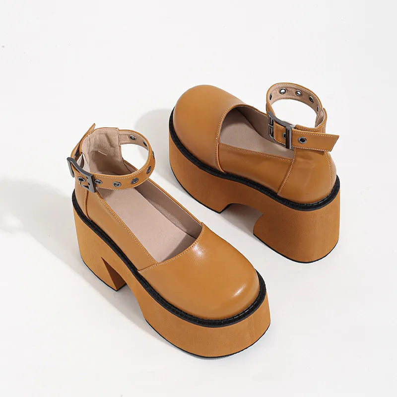 Women's Patent Leather Buckle Loafers – Retro Platform Pumps, 10 cm (3.94 in) Chunky Heel, 4 cm (1.57 in) Platform