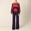 VEITCHE Women's Off-Shoulder Print 2-Piece Set — Long Sleeve Blouse & High-Waist Wide-Leg Pants