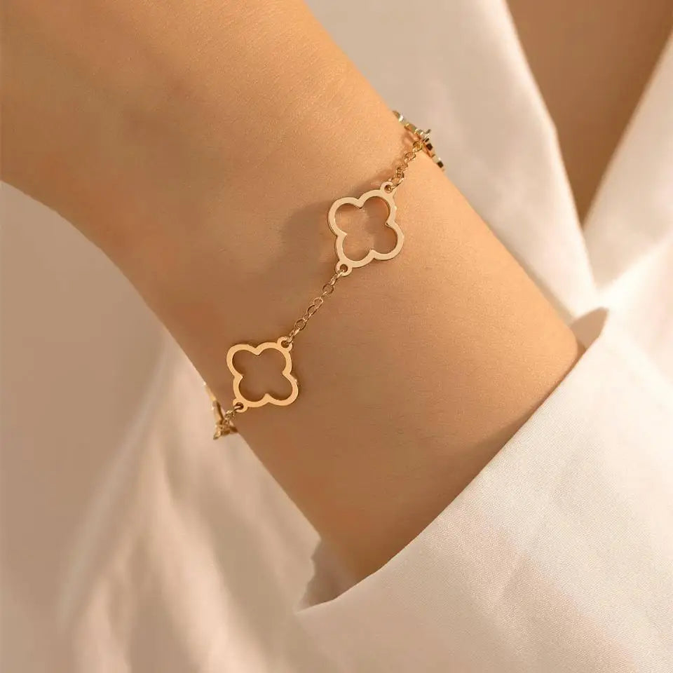 2-Piece Women's Lucky Clover & Heart Bracelet Set Stainless Steel Zircon Charm Jewelry Gift