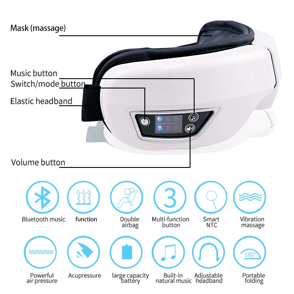 6D Smart Vibration Eye Massager — Airbag Compression Eye Mask with Bluetooth Music for Relaxation, Sleep & Eye Fatigue Relief