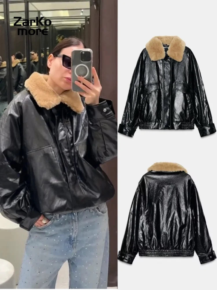 Women's Faux Fur Collar Padded Leather Jacket with Zipper Pockets - Warm Winter Coat