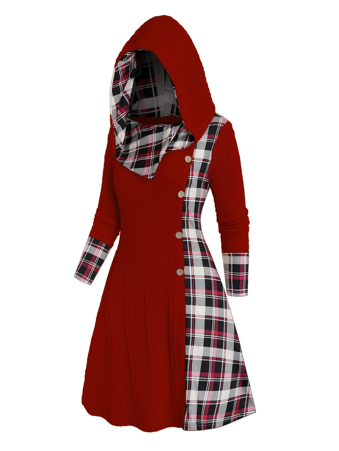 Women's Plaid Knitted Hooded A-Line Dress with Faux Buckle, High-Waist Long Sleeves