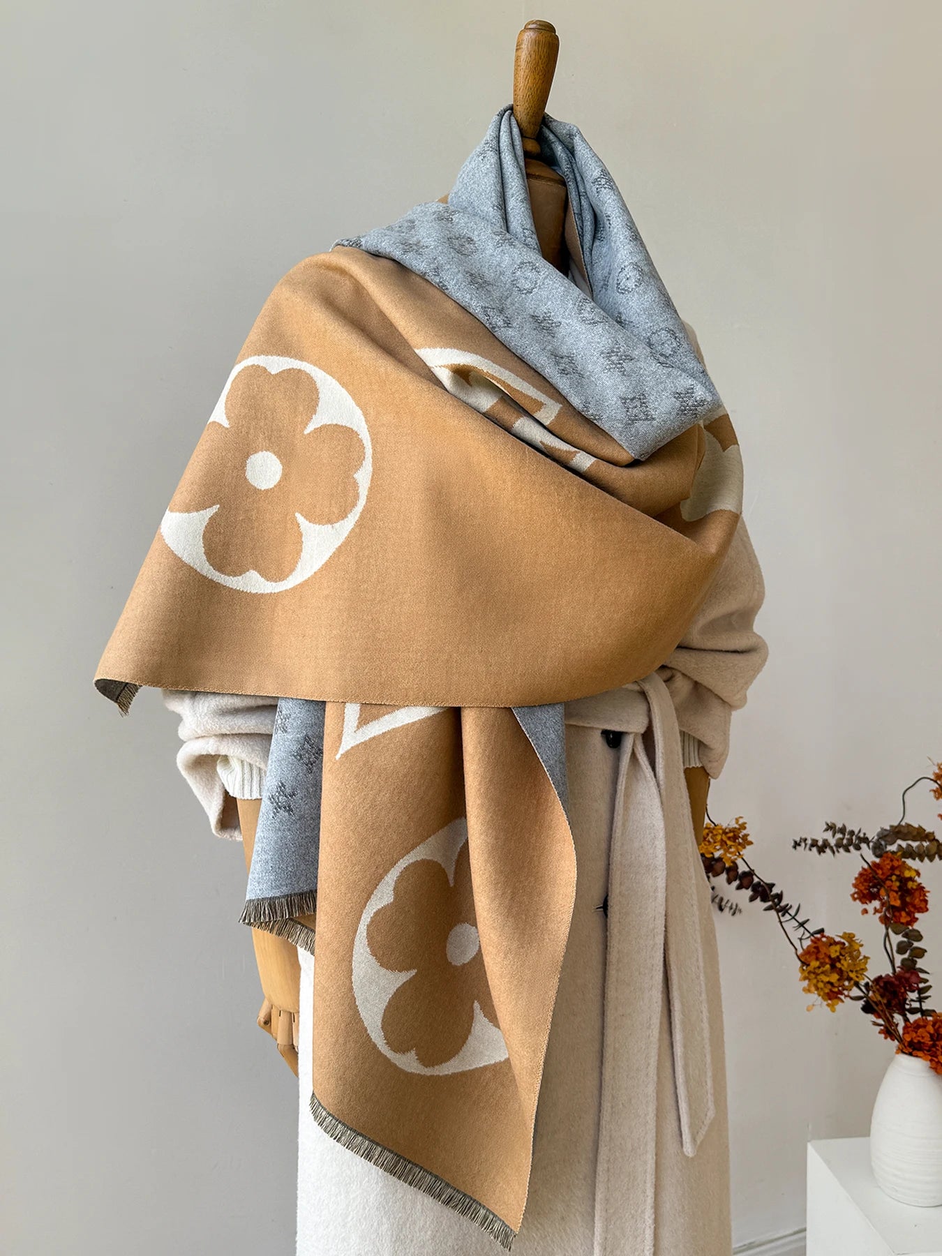 Women's Faux Cashmere Oversized Shawl - Jacquard Scarf & Blanket Wrap, Geometric Pattern, Warm Neck Protection, 175+ cm (69+ in)