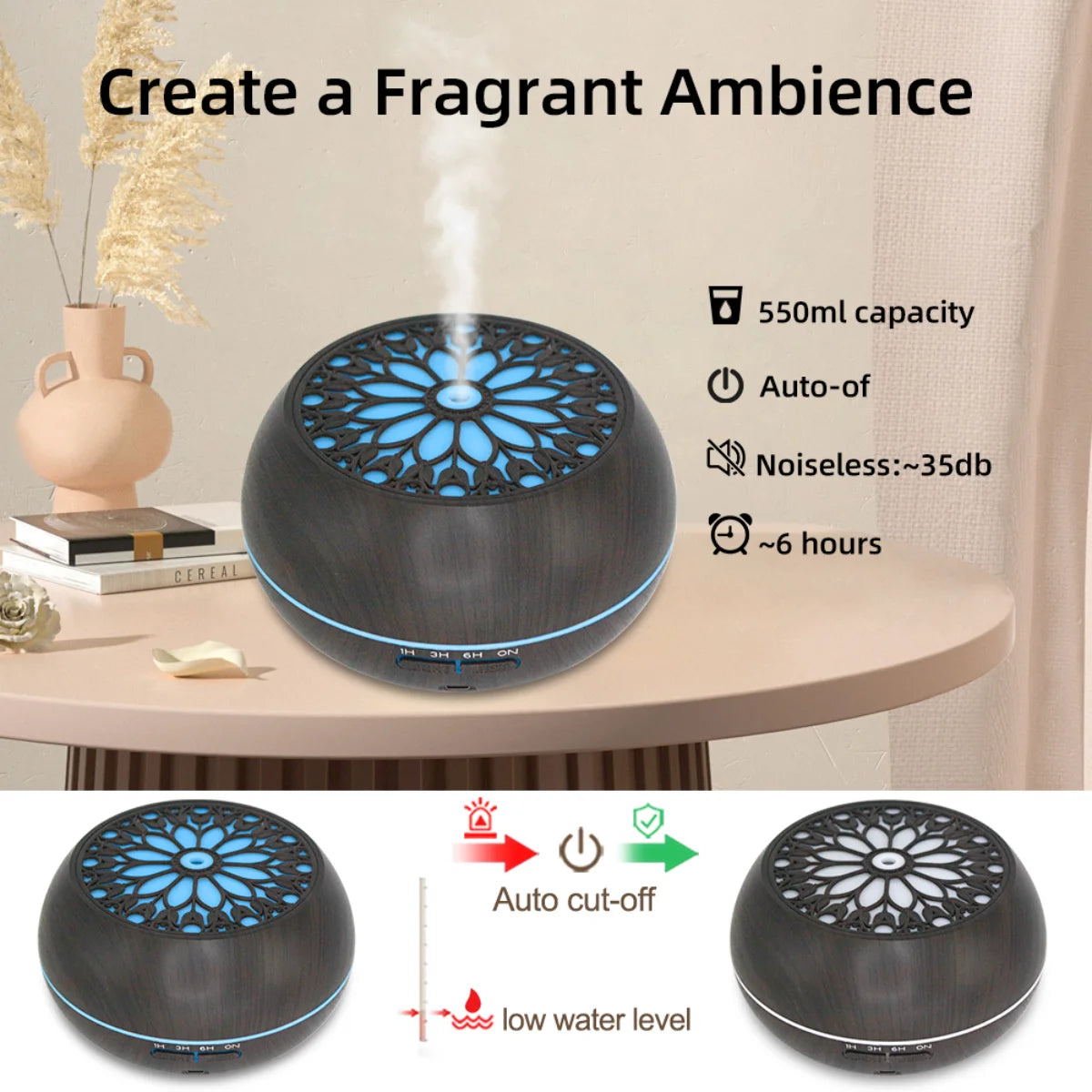 550ml (18.6 fl oz) Essential Oil Diffuser Humidifier for Large Room, Remote Control, 6 Oil Blends, Auto Shut-Off, 7-Color LED