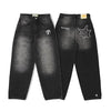 Retro Embroidered Wing-Pocket Boot-Cut Jeans for Women – Mid-Rise Blue Wide-Leg Streetwear Harajuku Gothic