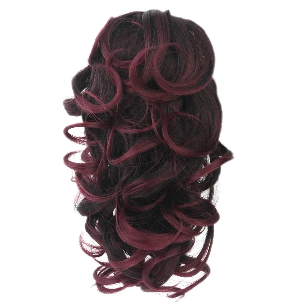 Soowee Short Curly Clip-In Ponytail Extension Black to Burgundy Synthetic Heat-Resistant Fiber