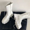 Women's Mid-Calf Lace-Up Motorcycle Boots - Handmade PU Platform Round Toe Rubber Sole, Low Square Heel (1–3 cm)