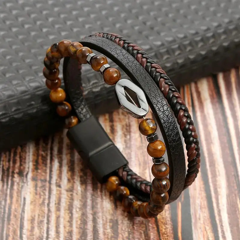 Men's Multi-Layer Woven Leather Bracelet with Alloy Magnetic Buckle - Punk Style, 19/21/23 cm (7.5/8.3/9.1 in)