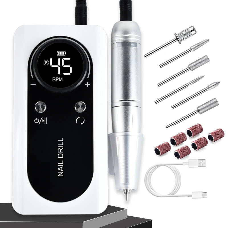 45000 RPM Rechargeable Electric Nail Drill Kit — Portable Nail File with LCD, 2600mAh Battery, 6 Bits & 6 Sanding Bands