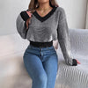 Women's Grid Striped V-Neck Cropped Pullover Sweater – Lantern Sleeve Knit Top for Autumn Winter