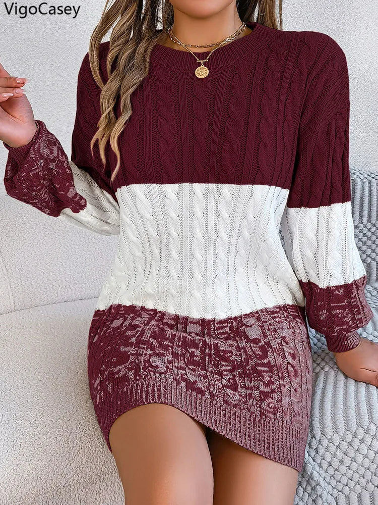 VigoCasey Patchwork Knit O‑Neck Ankle‑Length Long Sleeve Slim Dress for Women – Autumn/Winter Knit Dress