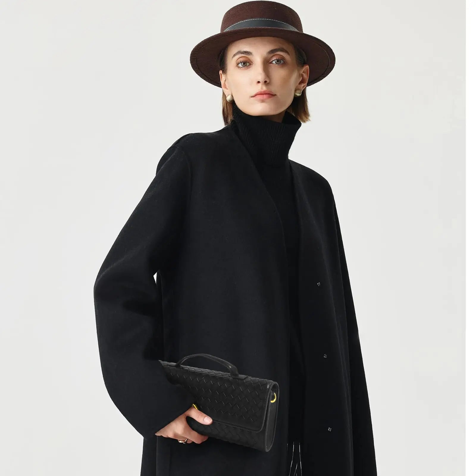 Women's Woven PU Leather Baguette Bag 12-inch (30 cm) – Evening Clutch with Removable 44-inch (112 cm) Crossbody Strap, Gold Buckle