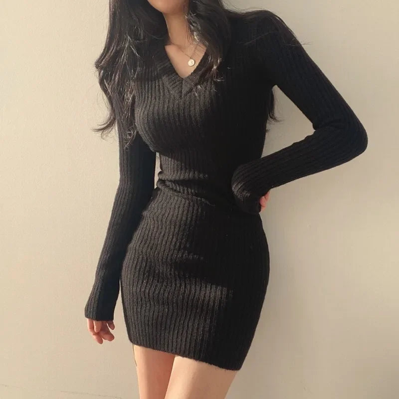 V-Neck Knit Sweater Dress — Long Sleeve Autumn/Winter Bodycon Mini, One Size, Solid Colors (Gray/Black/Apricot)