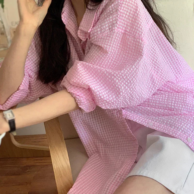 Korean Style Plaid Sunscreen Shirt for Women, Lightweight Loose Long Sleeve Single-Breasted Turn-Down Collar