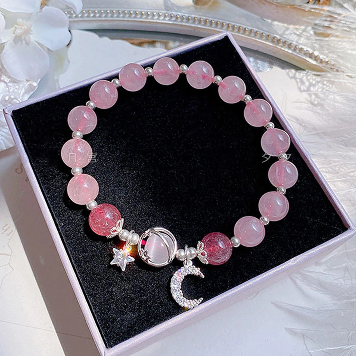 Starry Cat Eye Stone Bracelet for Women, Grey Moonlight Star & Moon Crystal, Silver-Plated Copper