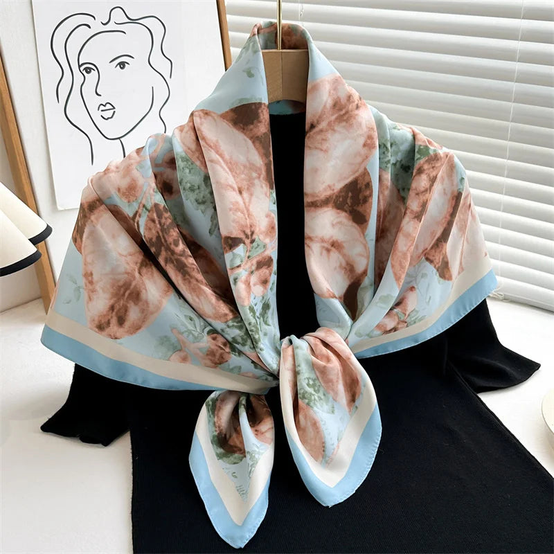90 x 90 cm (35 x 35 in) Twill Silk-Feel Square Scarf – Women’s Luxury Tree Print Head Scarf, Shawl, Hijab, Bandana
