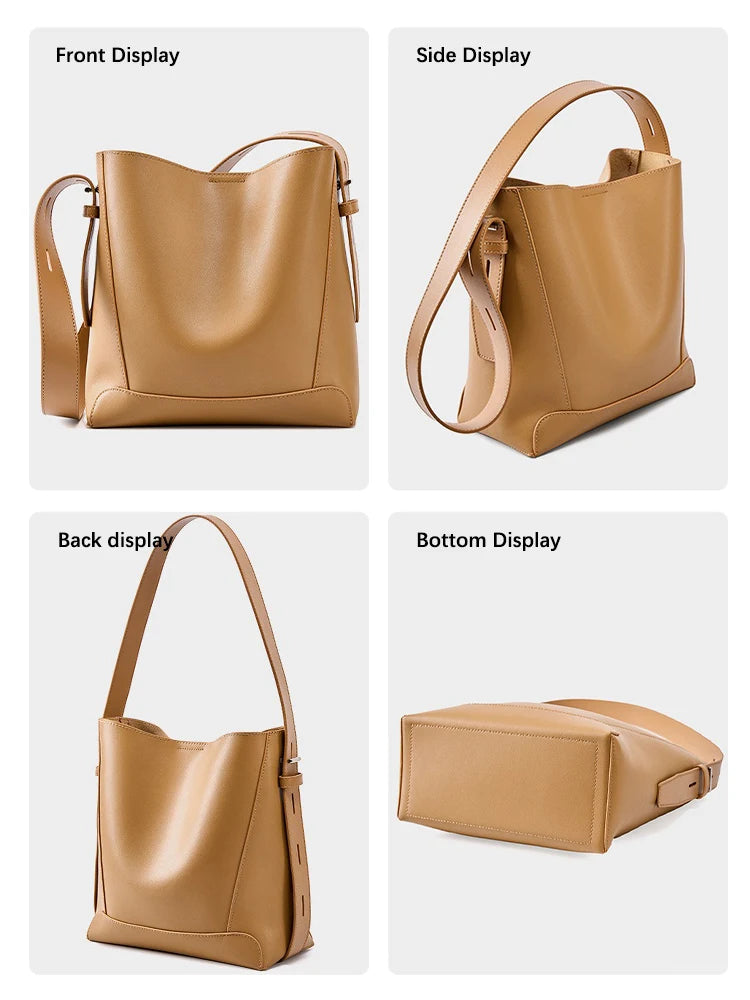 Zency Two-Layer Split Leather Large Bucket Shopper Shoulder Tote Bag – Commuter Handbag for Women