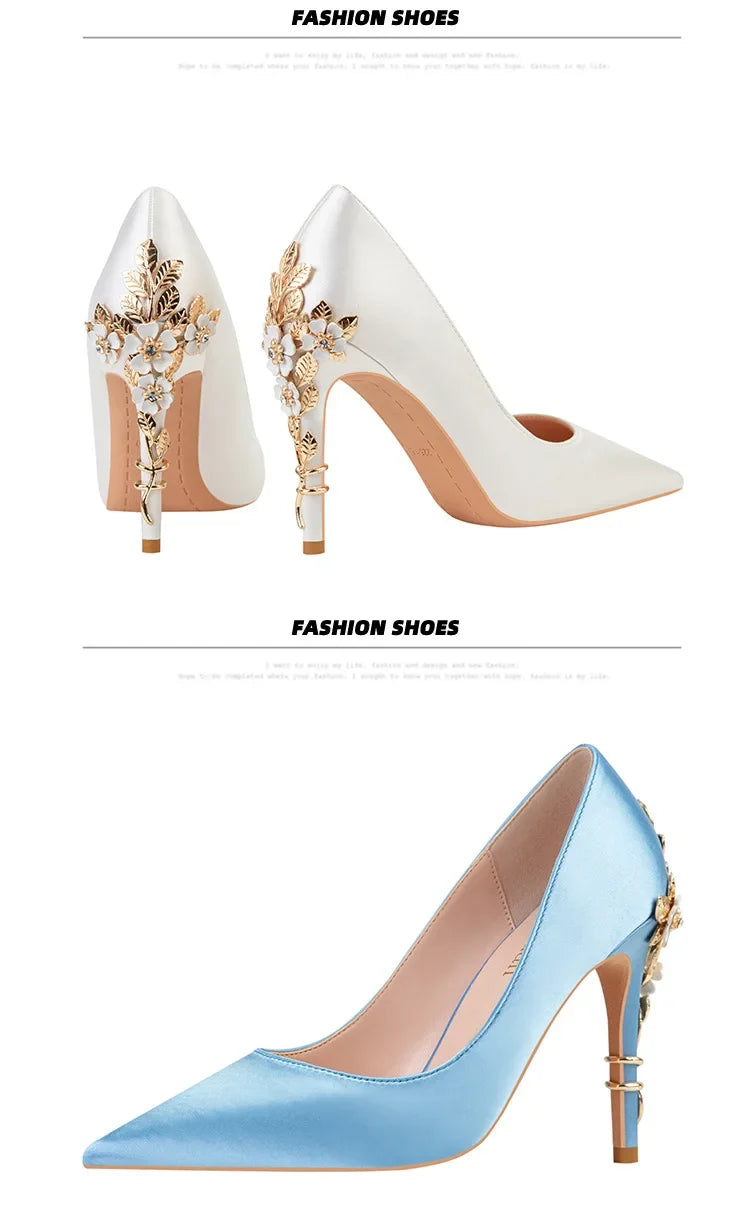 Women's Satin Pointed-Toe Stiletto Pumps with Metal Flower Detail — High Heel Wedding Shoes