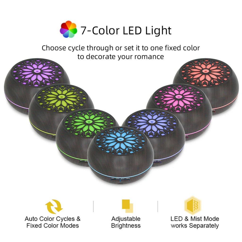 550ml (18.6 fl oz) Essential Oil Diffuser Humidifier for Large Room, Remote Control, 6 Oil Blends, Auto Shut-Off, 7-Color LED