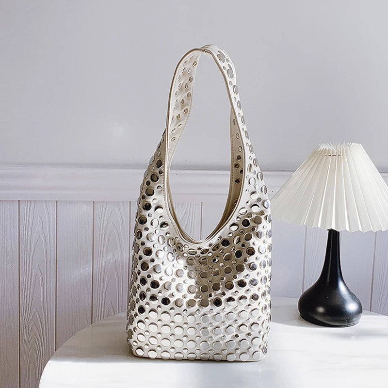 Patent Leather Rivet Bucket Bag — Studded Tassel Shoulder Handbag, Casual Luxury Underarm Bag