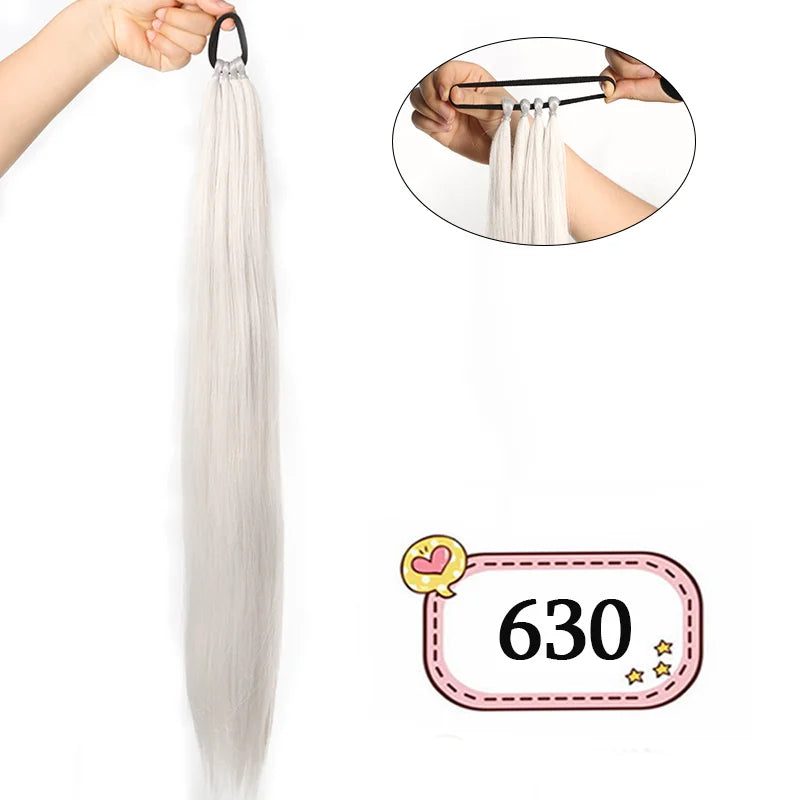 28-Inch (71 cm) Synthetic Ponytail Extension with Elastic Band - Braided Wraparound Hairpiece, Silky Straight Heat-Resistant Fiber, Black/Brown