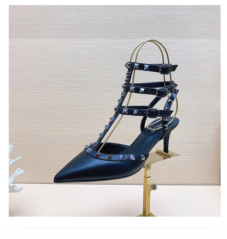 Women's Gladiator High-Heel Sandals - Black Patent Leather 3-Strap Ankle Strap Rivet Designer Heels