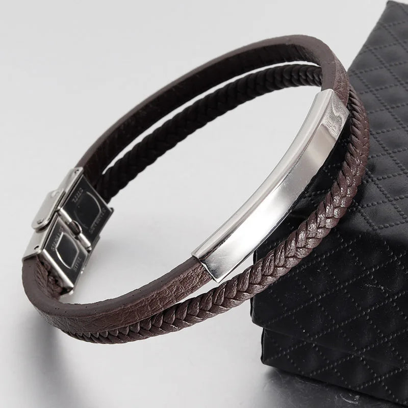 Men's Black Genuine Leather Double-Layer Braided Bracelet with Stainless Steel Accent – Sizes 18.5/20.5/22 cm (7.3/8.1/8.7 in)