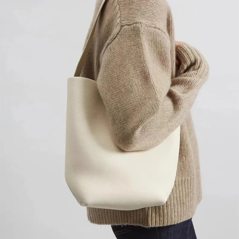 Leather Large Capacity Bucket Bag Lychee Pattern Cowhide Commuter Tote Shoulder Handbag for Women