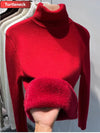 Women's Turtleneck Velvet Lined Knit Sweater - Thick Warm Slim Pullover