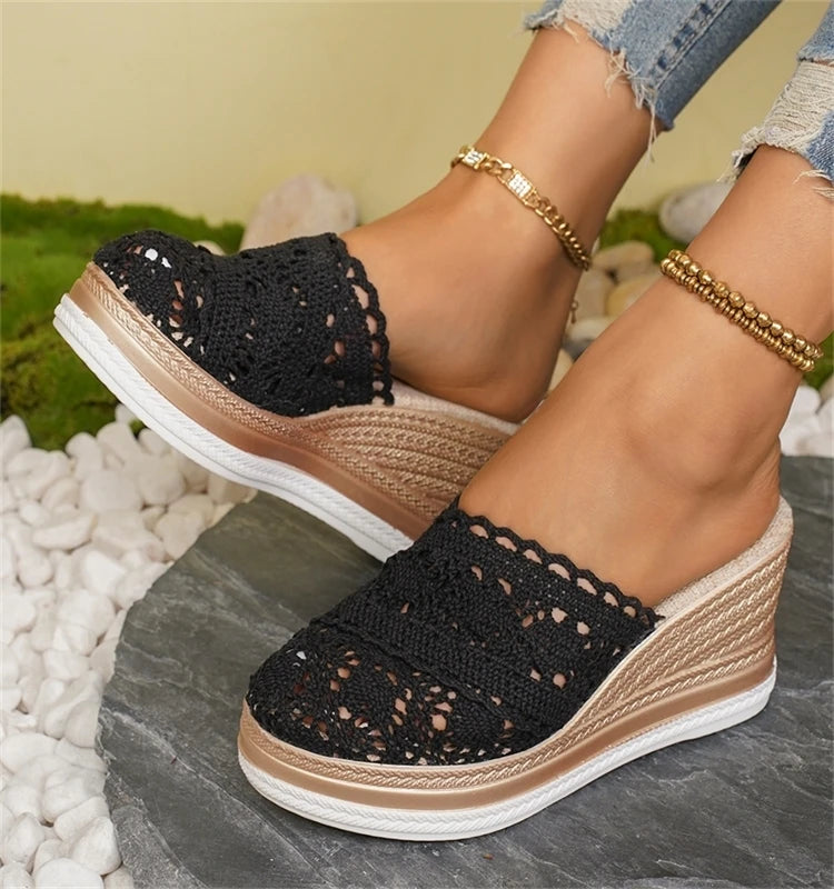 HAJINK Women's Lace Wedge Sandals – Breathable Summer Slide Heels, 5–8 cm (2–3 in) Heel, 3–5 cm (1.2–2 in) Platform