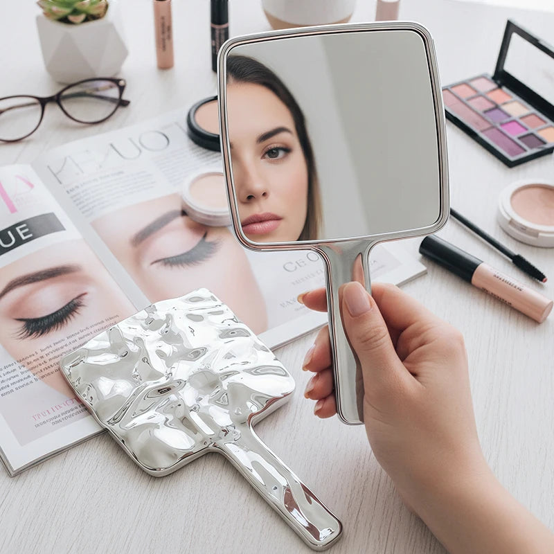 Vintage Silver Handheld Makeup Mirror for Women – Travel Vanity Mirror with Water Ripple Frame