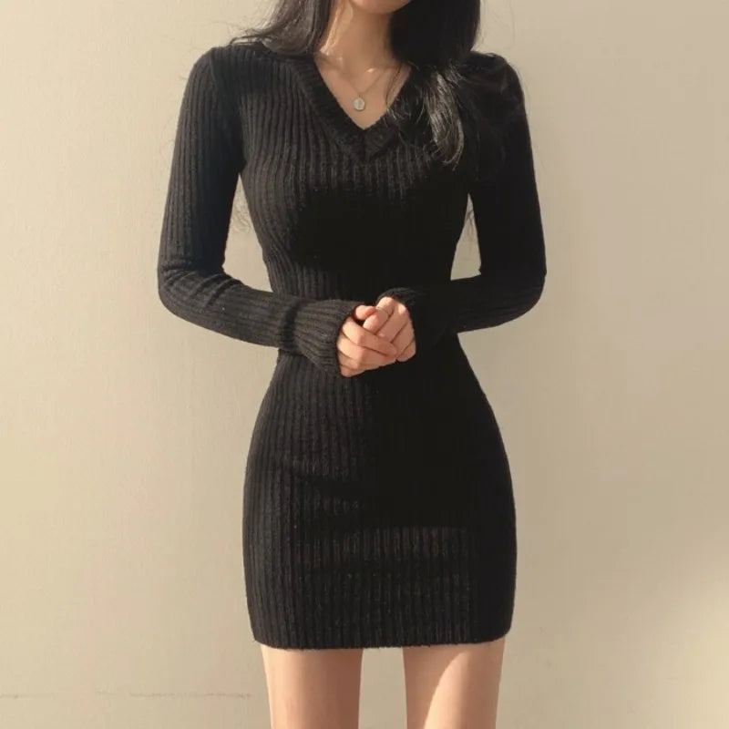V-Neck Knit Sweater Dress — Long Sleeve Autumn/Winter Bodycon Mini, One Size, Solid Colors (Gray/Black/Apricot)