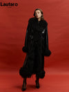 Lautaro Women's Long Black Patent PU Leather Coat with Faux Fur Trim, Belted Turn-Down Collar