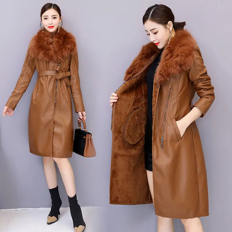 PU Leather Mid-Length Women's Winter Coat with Detachable Fur Collar Adjustable Waist Slim Casual Jacket