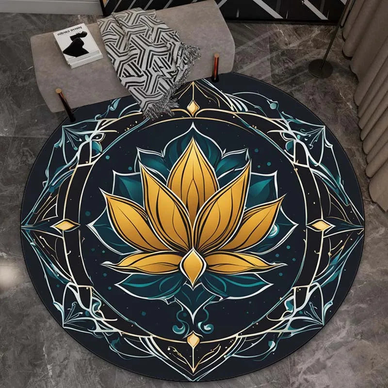Golden Lotus Mandala Round Rug – Crystal Velvet Non-Slip Floor Mat for Yoga & Meditation, Boho Chic Home Decorative Carpet (Multiple Sizes: 24–71 in / 60–180 cm)