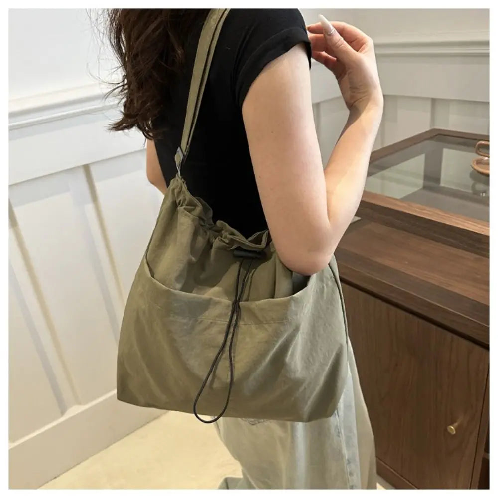 Women's Waterproof Nylon Drawstring Tote Bag – Large Bucket Crossbody Shoulder Bag 38×31×9 cm (14.96×12.20×3.54 in)